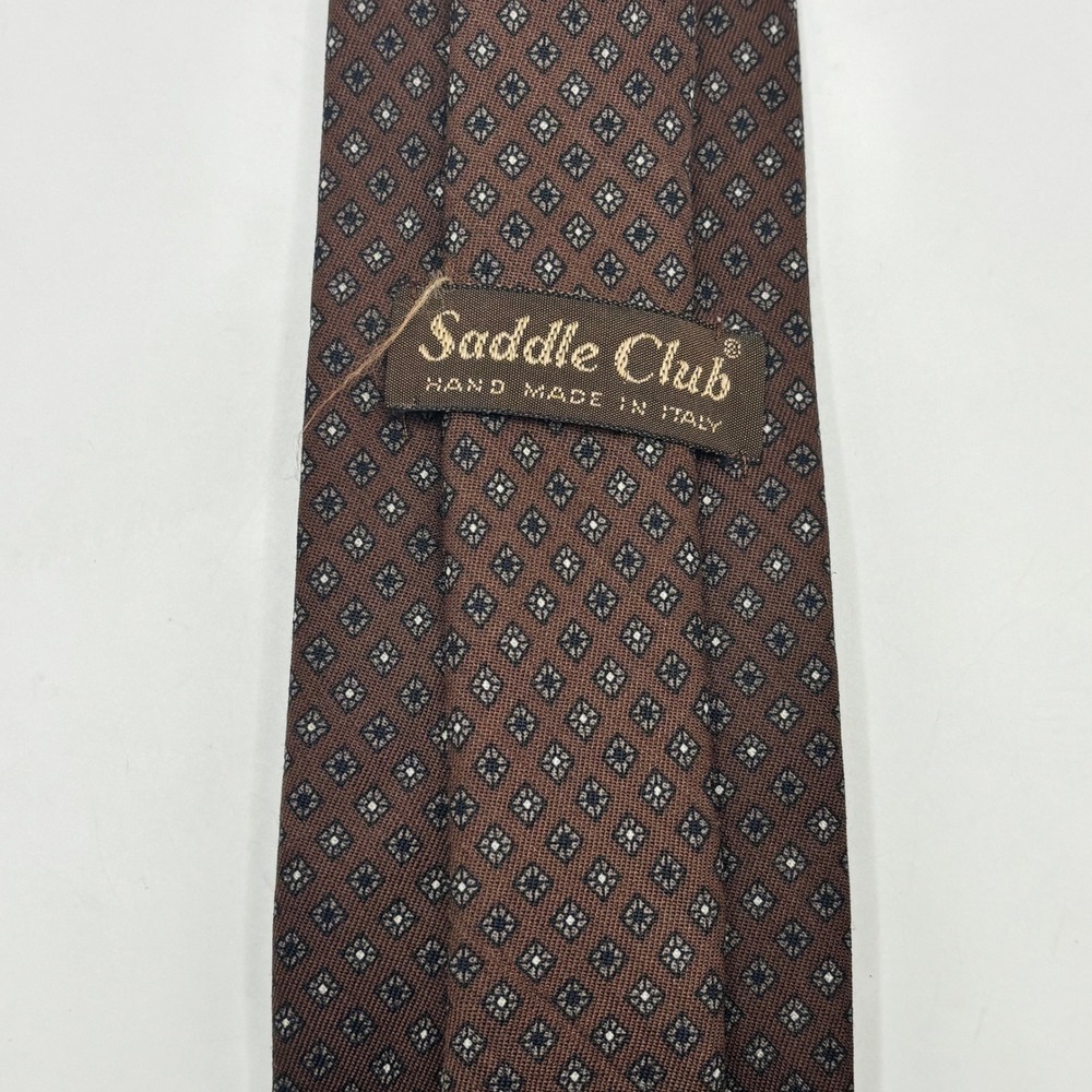 VTG‎ Saddle Club Brown Wool Silk Geometric Medallion Tie Handmade in Italy Mens